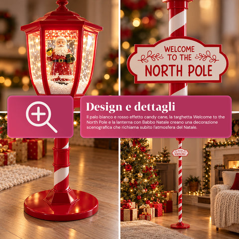 Lampione Natalizio Rosso 180 cm con Neve, Luce LED e Musica, 2 Varianti Babbo Natale o Orsetto, Effetto Palla di Vetro, Addobbo di Natale da Terra