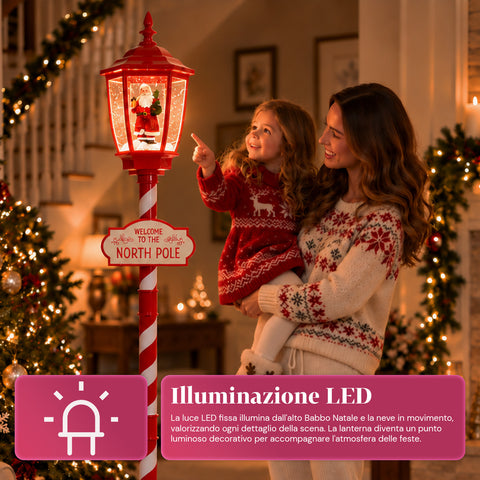 Lampione Natalizio Rosso 180 cm con Neve, Luce LED e Musica, 2 Varianti Babbo Natale o Orsetto, Effetto Palla di Vetro, Addobbo di Natale da Terra