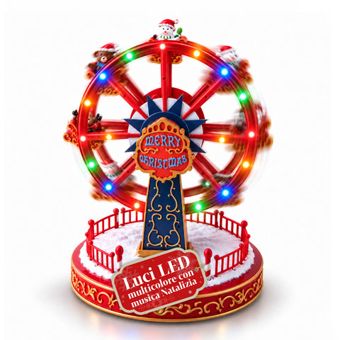 Ruota Panoramica Natalizia con Luci LED, Musica e Movimento Rotante, 2 Colori, Decorazione Natale Animata, Altezza 26 cm, Base 22 cm, Plastica