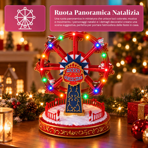Ruota Panoramica Natalizia con Luci LED, Musica e Movimento Rotante, 2 Colori, Decorazione Natale Animata, Altezza 26 cm, Base 22 cm, Plastica