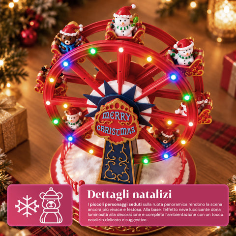 Ruota Panoramica Natalizia con Luci LED, Musica e Movimento Rotante, 2 Colori, Decorazione Natale Animata, Altezza 26 cm, Base 22 cm, Plastica