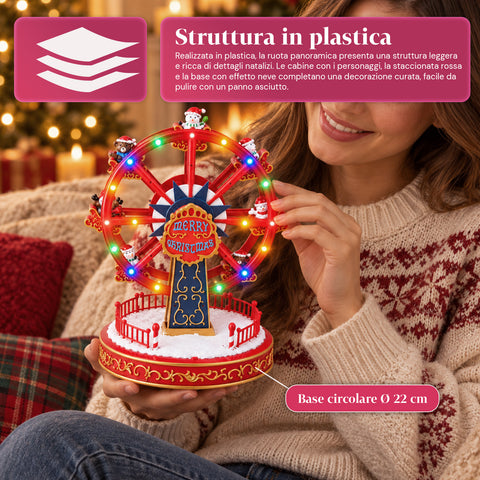 Ruota Panoramica Natalizia con Luci LED, Musica e Movimento Rotante, 2 Colori, Decorazione Natale Animata, Altezza 26 cm, Base 22 cm, Plastica