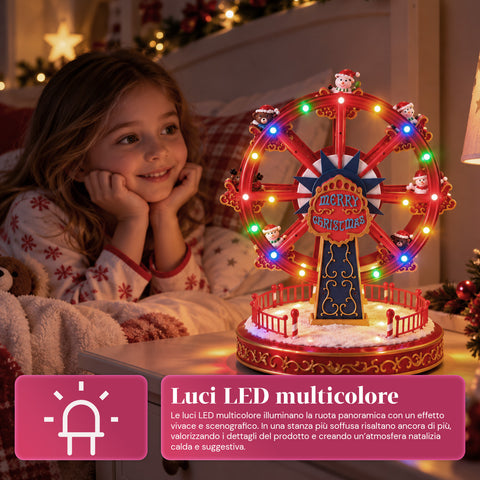 Ruota Panoramica Natalizia con Luci LED, Musica e Movimento Rotante, 2 Colori, Decorazione Natale Animata, Altezza 26 cm, Base 22 cm, Plastica