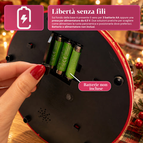 Ruota Panoramica Natalizia con Luci LED, Musica e Movimento Rotante, 2 Colori, Decorazione Natale Animata, Altezza 26 cm, Base 22 cm, Plastica