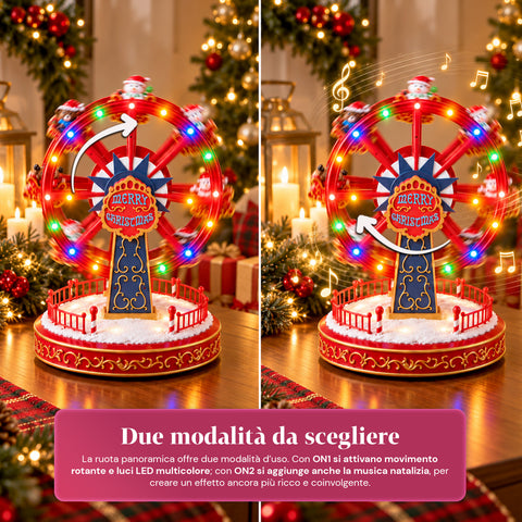 Ruota Panoramica Natalizia con Luci LED, Musica e Movimento Rotante, 2 Colori, Decorazione Natale Animata, Altezza 26 cm, Base 22 cm, Plastica