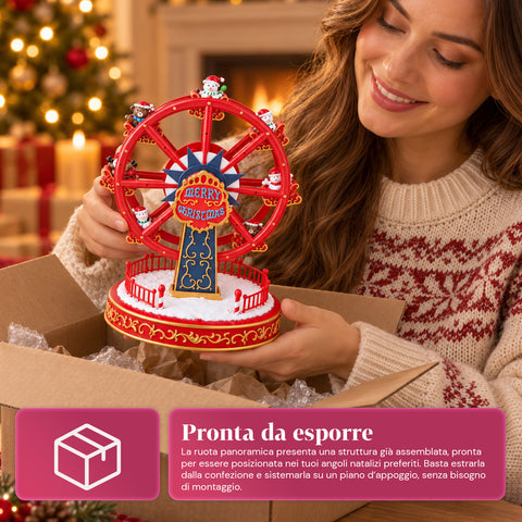Ruota Panoramica Natalizia con Luci LED, Musica e Movimento Rotante, 2 Colori, Decorazione Natale Animata, Altezza 26 cm, Base 22 cm, Plastica