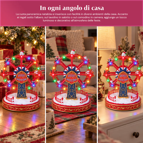 Ruota Panoramica Natalizia con Luci LED, Musica e Movimento Rotante, 2 Colori, Decorazione Natale Animata, Altezza 26 cm, Base 22 cm, Plastica