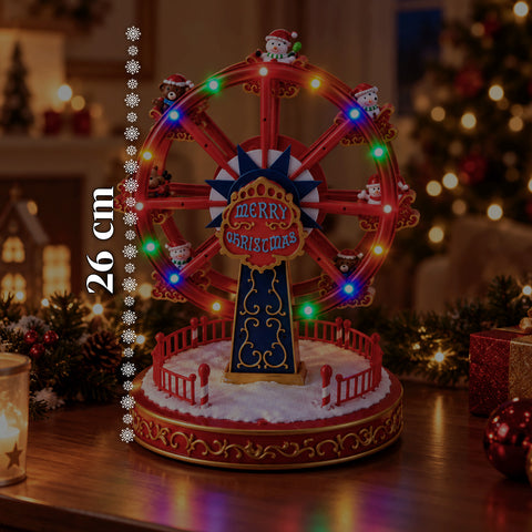 Ruota Panoramica Natalizia con Luci LED, Musica e Movimento Rotante, 2 Colori, Decorazione Natale Animata, Altezza 26 cm, Base 22 cm, Plastica