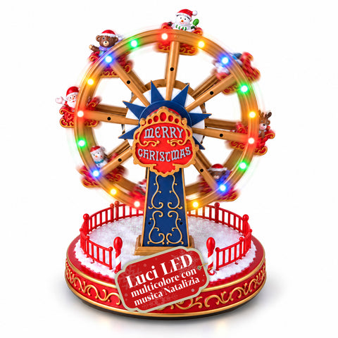Ruota Panoramica Natalizia con Luci LED, Musica e Movimento Rotante, 2 Colori, Decorazione Natale Animata, Altezza 26 cm, Base 22 cm, Plastica