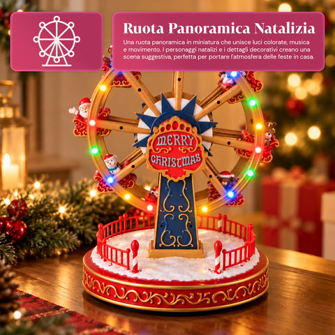 Ruota Panoramica Natalizia con Luci LED, Musica e Movimento Rotante, 2 Colori, Decorazione Natale Animata, Altezza 26 cm, Base 22 cm, Plastica