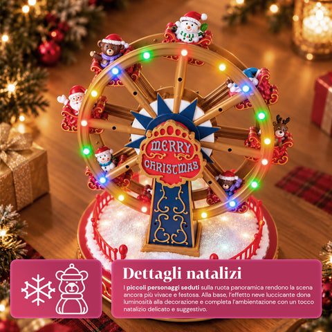 Ruota Panoramica Natalizia con Luci LED, Musica e Movimento Rotante, 2 Colori, Decorazione Natale Animata, Altezza 26 cm, Base 22 cm, Plastica