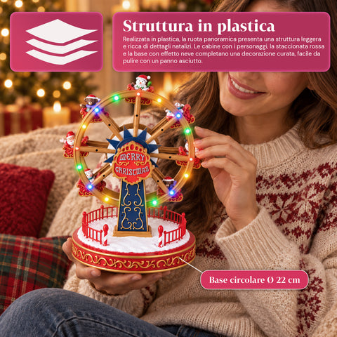 Ruota Panoramica Natalizia con Luci LED, Musica e Movimento Rotante, 2 Colori, Decorazione Natale Animata, Altezza 26 cm, Base 22 cm, Plastica