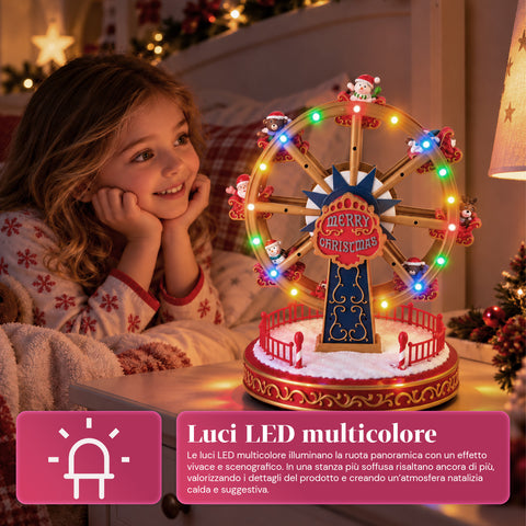 Ruota Panoramica Natalizia con Luci LED, Musica e Movimento Rotante, 2 Colori, Decorazione Natale Animata, Altezza 26 cm, Base 22 cm, Plastica