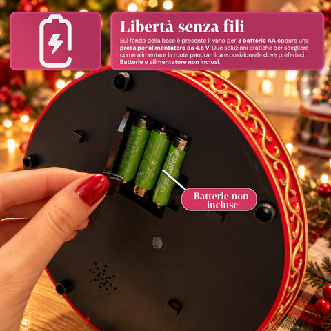 Ruota Panoramica Natalizia con Luci LED, Musica e Movimento Rotante, 2 Colori, Decorazione Natale Animata, Altezza 26 cm, Base 22 cm, Plastica