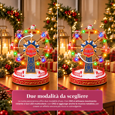 Ruota Panoramica Natalizia con Luci LED, Musica e Movimento Rotante, 2 Colori, Decorazione Natale Animata, Altezza 26 cm, Base 22 cm, Plastica