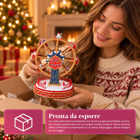 Ruota Panoramica Natalizia con Luci LED, Musica e Movimento Rotante, 2 Colori, Decorazione Natale Animata, Altezza 26 cm, Base 22 cm, Plastica