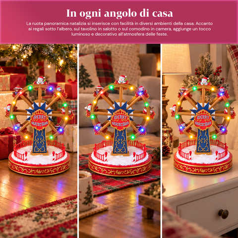 Ruota Panoramica Natalizia con Luci LED, Musica e Movimento Rotante, 2 Colori, Decorazione Natale Animata, Altezza 26 cm, Base 22 cm, Plastica