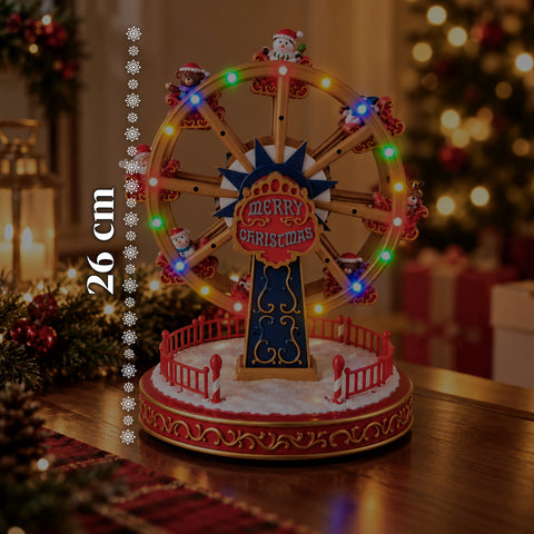 Ruota Panoramica Natalizia con Luci LED, Musica e Movimento Rotante, 2 Colori, Decorazione Natale Animata, Altezza 26 cm, Base 22 cm, Plastica