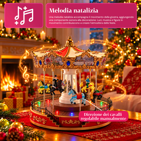 Ruota Panoramica Natalizia con Luci LED, Musica e Movimento Rotante, 2 Colori, Decorazione Natale Animata, Altezza 26 cm, Base 22 cm, Plastica