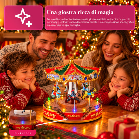 Ruota Panoramica Natalizia con Luci LED, Musica e Movimento Rotante, 2 Colori, Decorazione Natale Animata, Altezza 26 cm, Base 22 cm, Plastica