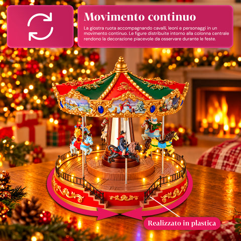 Ruota Panoramica Natalizia con Luci LED, Musica e Movimento Rotante, 2 Colori, Decorazione Natale Animata, Altezza 26 cm, Base 22 cm, Plastica