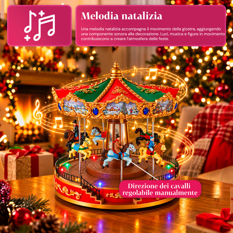 Ruota Panoramica Natalizia con Luci LED, Musica e Movimento Rotante, 2 Colori, Decorazione Natale Animata, Altezza 26 cm, Base 22 cm, Plastica