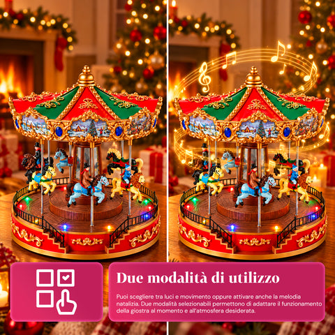 Ruota Panoramica Natalizia con Luci LED, Musica e Movimento Rotante, 2 Colori, Decorazione Natale Animata, Altezza 26 cm, Base 22 cm, Plastica