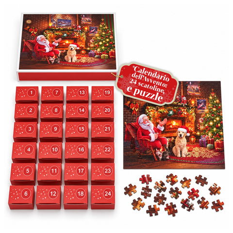 Calendario dell'Avvento Puzzle 1008 Pezzi da Assemblare in 24 Giorni, Scena Natalizia con Babbo Natale e Cane, Puzzle Finale 70x50 cm