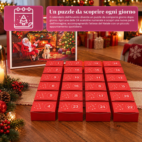 Calendario dell'Avvento Puzzle 1008 Pezzi da Assemblare in 24 Giorni, Scena Natalizia con Babbo Natale e Cane, Puzzle Finale 70x50 cm