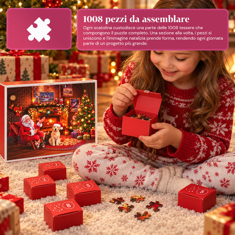 Calendario dell'Avvento Puzzle 1008 Pezzi da Assemblare in 24 Giorni, Scena Natalizia con Babbo Natale e Cane, Puzzle Finale 70x50 cm