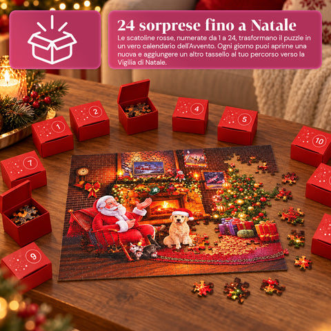 Calendario dell'Avvento Puzzle 1008 Pezzi da Assemblare in 24 Giorni, Scena Natalizia con Babbo Natale e Cane, Puzzle Finale 70x50 cm