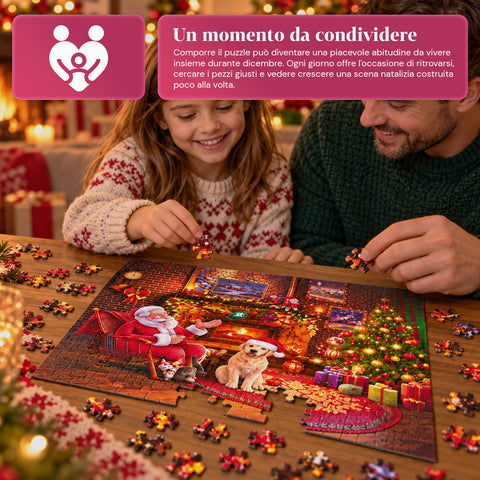 Calendario dell'Avvento Puzzle 1008 Pezzi da Assemblare in 24 Giorni, Scena Natalizia con Babbo Natale e Cane, Puzzle Finale 70x50 cm