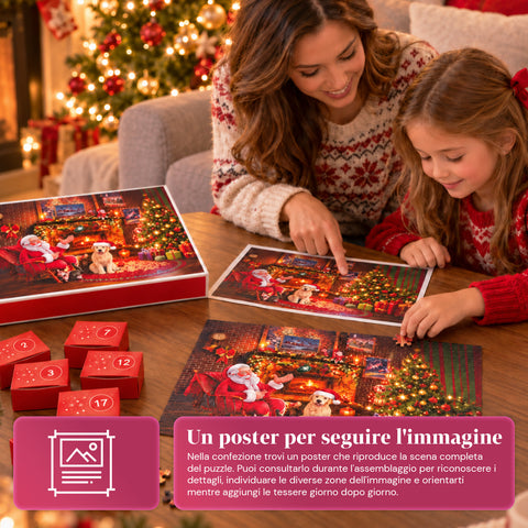 Calendario dell'Avvento Puzzle 1008 Pezzi da Assemblare in 24 Giorni, Scena Natalizia con Babbo Natale e Cane, Puzzle Finale 70x50 cm