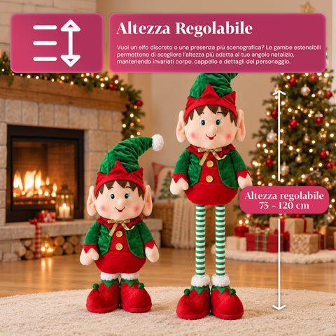 Elfo estensibile di Natale, ornamento decorativo, colori assortiti, altezza massima 120 cm, gambe telescopiche, piedi appesantiti, poliestere