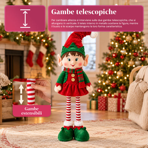 Elfo estensibile di Natale, ornamento decorativo, colori assortiti, altezza massima 120 cm, gambe telescopiche, piedi appesantiti, poliestere