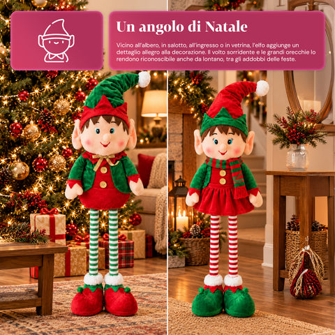 Elfo estensibile di Natale, ornamento decorativo, colori assortiti, altezza massima 120 cm, gambe telescopiche, piedi appesantiti, poliestere