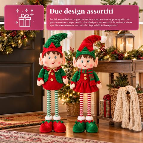 Elfo estensibile di Natale, ornamento decorativo, colori assortiti, altezza massima 120 cm, gambe telescopiche, piedi appesantiti, poliestere