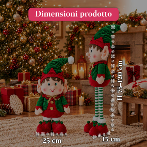 Elfo estensibile di Natale, ornamento decorativo, colori assortiti, altezza massima 120 cm, gambe telescopiche, piedi appesantiti, poliestere