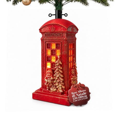 Base per albero di Natale cabina telefonica inglese con luci LED, Babbo Natale e alberello dorati, foro universale 4 cm, per fusti fino a 180 cm