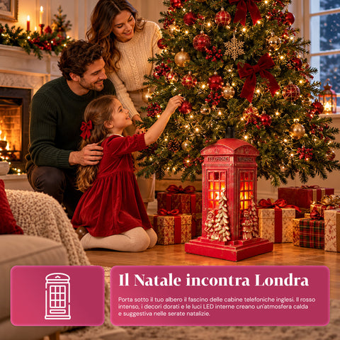 Base per albero di Natale cabina telefonica inglese con luci LED, Babbo Natale e alberello dorati, foro universale 4 cm, per fusti fino a 180 cm