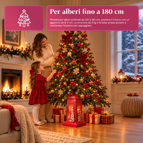 Base per albero di Natale cabina telefonica inglese con luci LED, Babbo Natale e alberello dorati, foro universale 4 cm, per fusti fino a 180 cm
