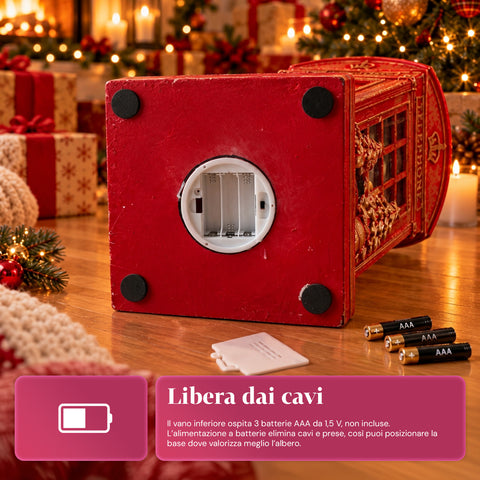 Base per albero di Natale cabina telefonica inglese con luci LED, Babbo Natale e alberello dorati, foro universale 4 cm, per fusti fino a 180 cm
