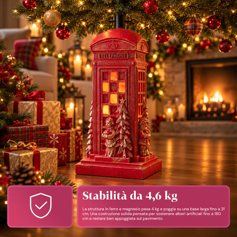 Base per albero di Natale cabina telefonica inglese con luci LED, Babbo Natale e alberello dorati, foro universale 4 cm, per fusti fino a 180 cm
