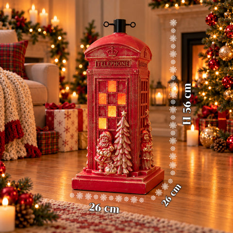 Base per albero di Natale cabina telefonica inglese con luci LED, Babbo Natale e alberello dorati, foro universale 4 cm, per fusti fino a 180 cm
