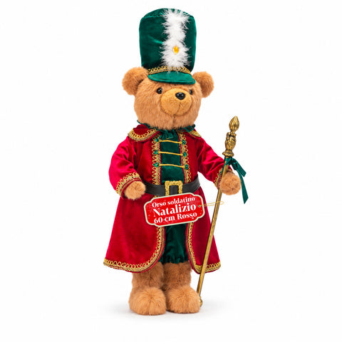 Orso soldatino natalizio, decorazione natalizia, 2 colori, altezza 60 cm, poliestere, con cappello, mantello e bastone