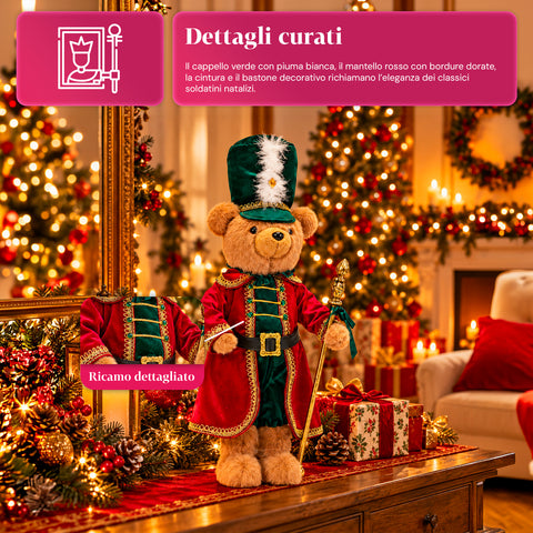 Orso soldatino natalizio, decorazione natalizia, 2 colori, altezza 60 cm, poliestere, con cappello, mantello e bastone