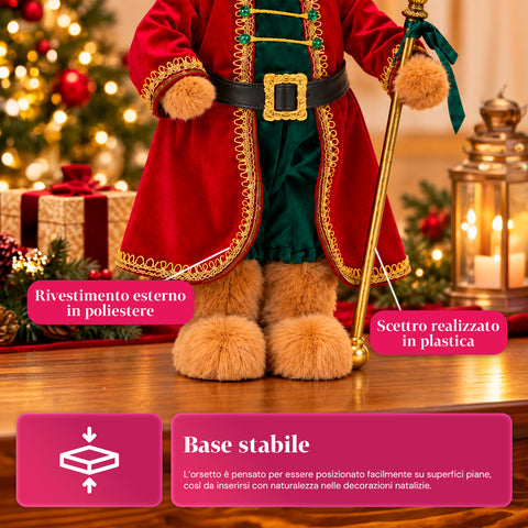 Orso soldatino natalizio, decorazione natalizia, 2 colori, altezza 60 cm, poliestere, con cappello, mantello e bastone