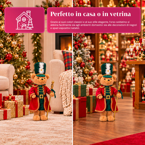 Orso soldatino natalizio, decorazione natalizia, 2 colori, altezza 60 cm, poliestere, con cappello, mantello e bastone