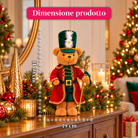 Orso soldatino natalizio, decorazione natalizia, 2 colori, altezza 60 cm, poliestere, con cappello, mantello e bastone