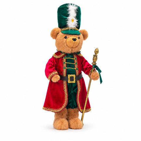Orso soldatino natalizio, decorazione natalizia, 2 colori, altezza 60 cm, poliestere, con cappello, mantello e bastone